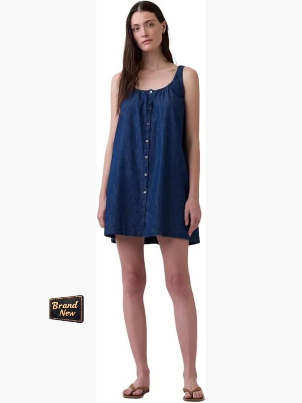Sleeveless Scoop Neck Button Front Mini Dress A-Line Cotton Casual